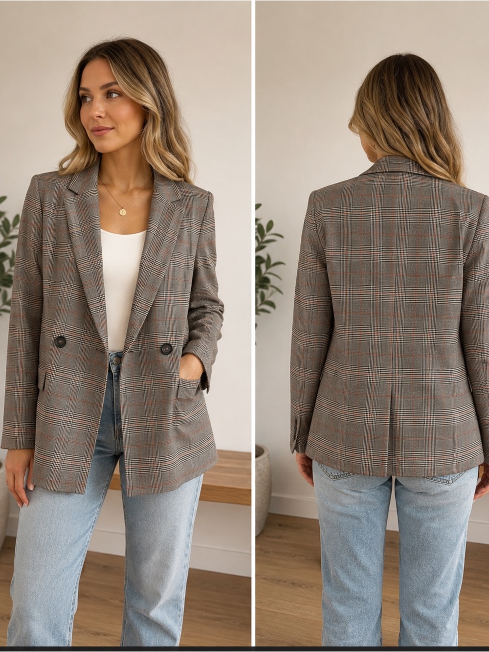 H&M Gray Glen Plaid Double-Breasted Blazer